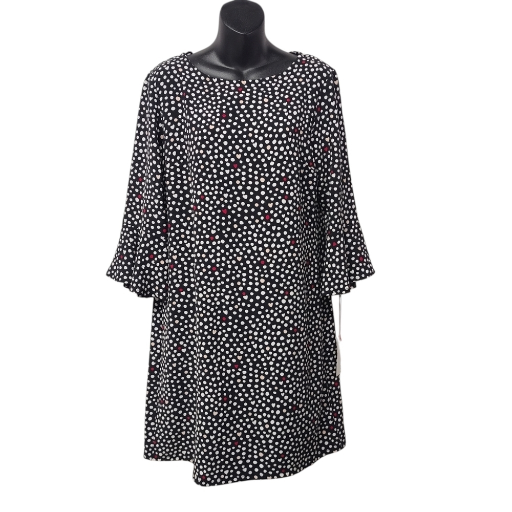 ELLE Women Black Polka Dot Hearts Print 3/4 Bell Sleeve Dress Medium Size M NWT